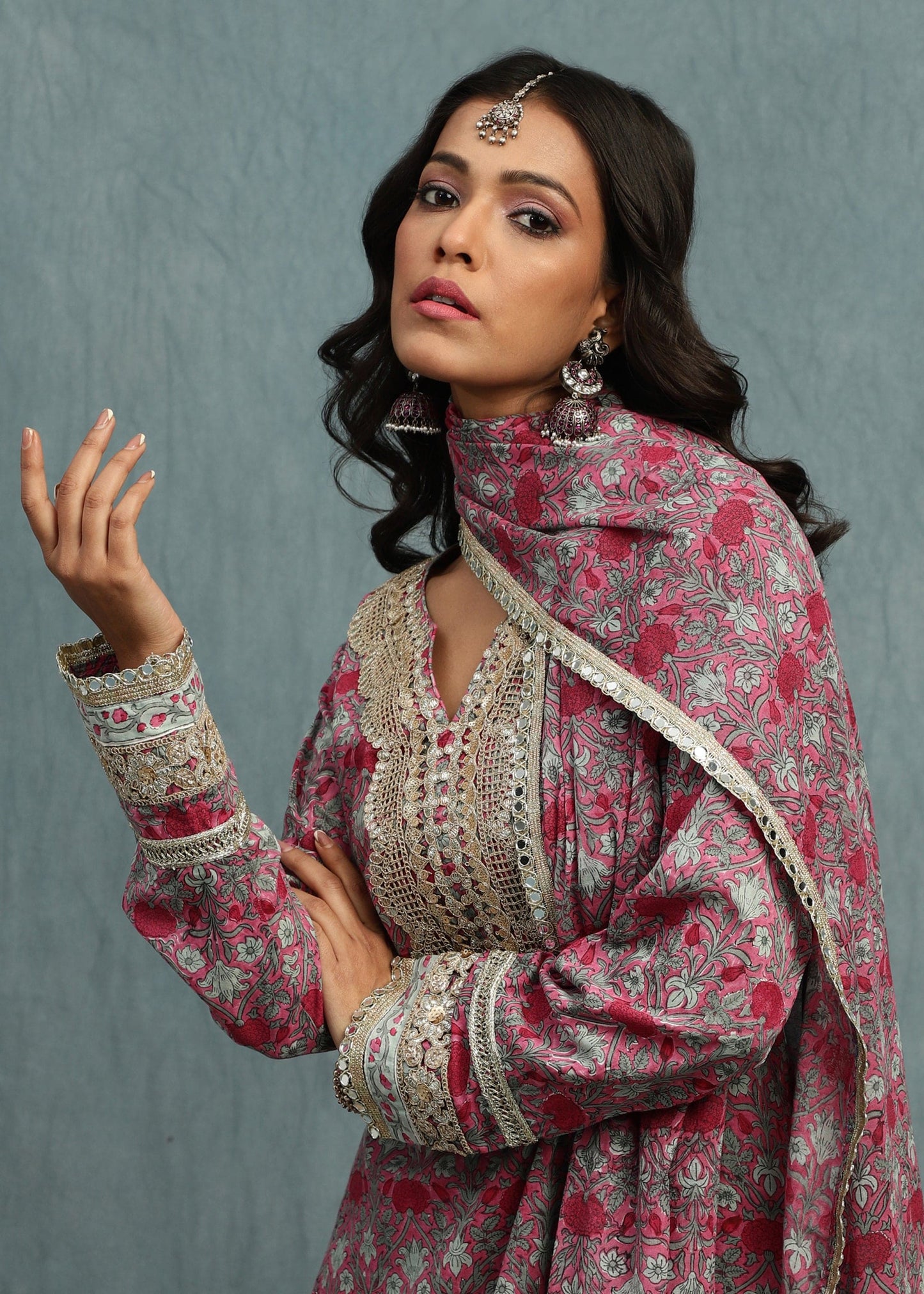 Pink Marigold Jaal Organic Cotton Hand Block Printed Sharara- (3 Pcs Set)