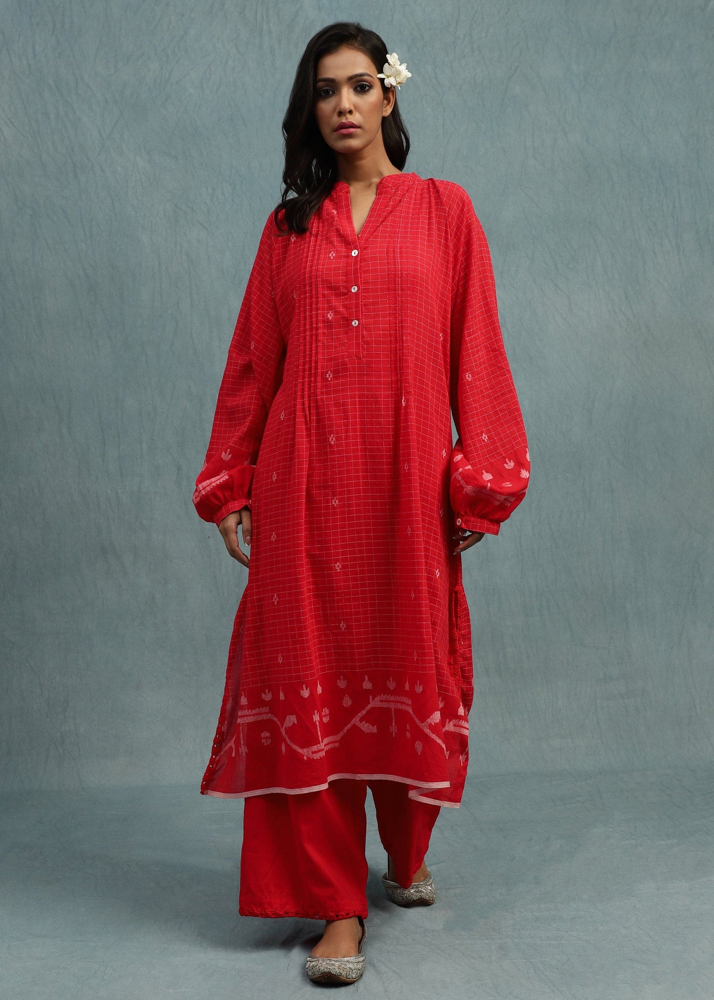 Red Check Jamdani Jaali Border Organic Cotton Hand Woven Tunic Sets - (2 Pcs Set)