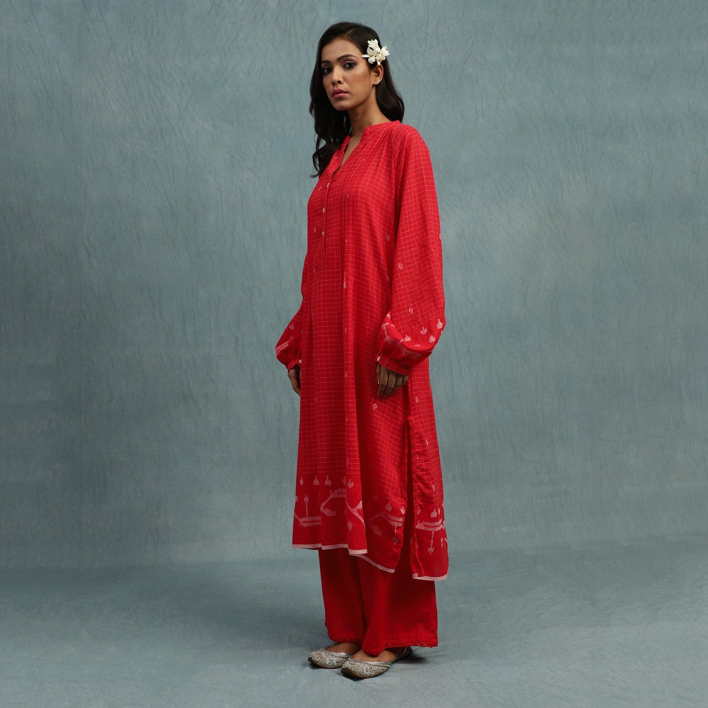 Red Check Jamdani Jaali Border Organic Cotton Hand Woven Tunic Sets - (2 Pcs Set)