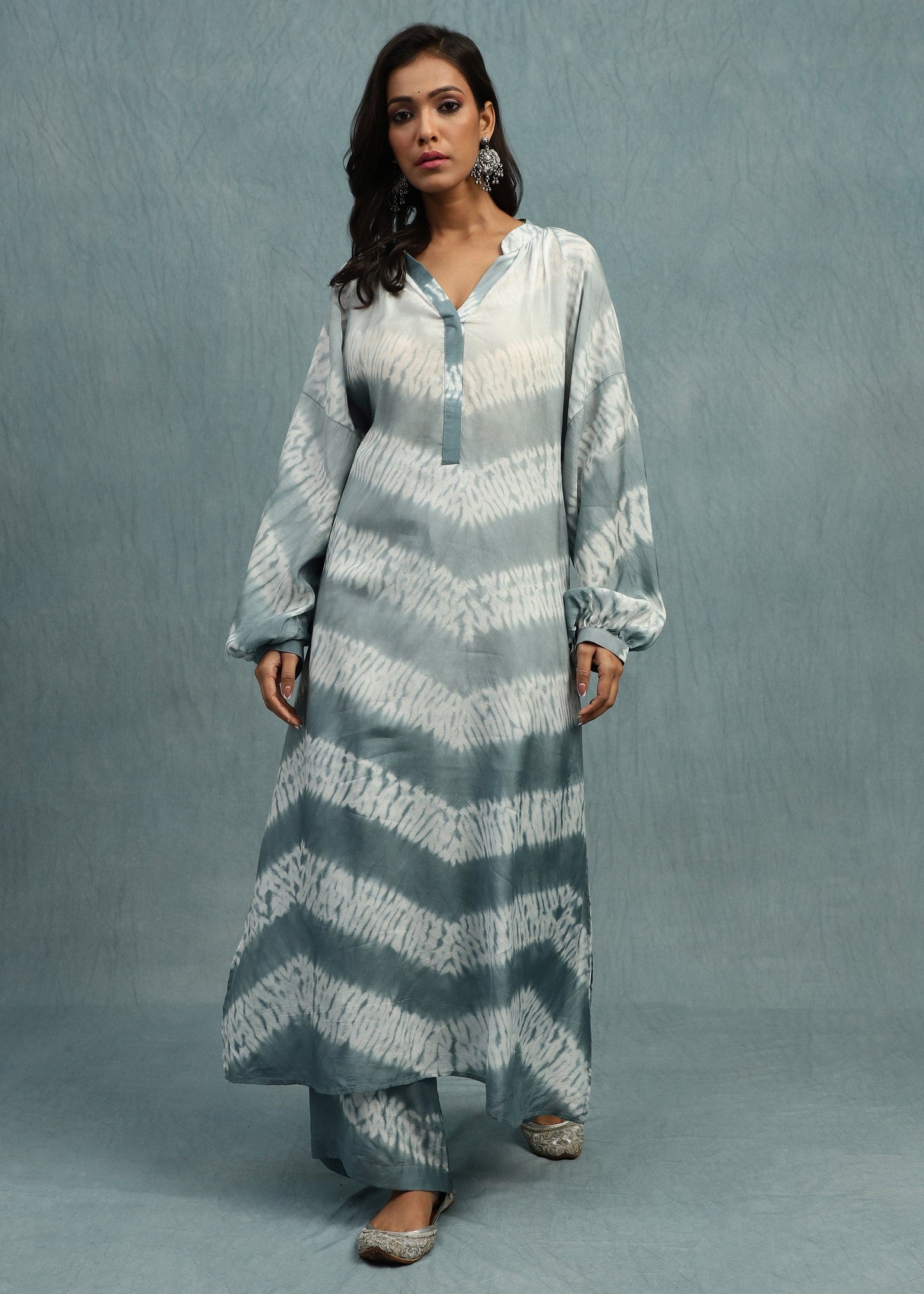 Shibori Light Indigo Cotton Silk Tunic Set - (2 Pcs Set)
