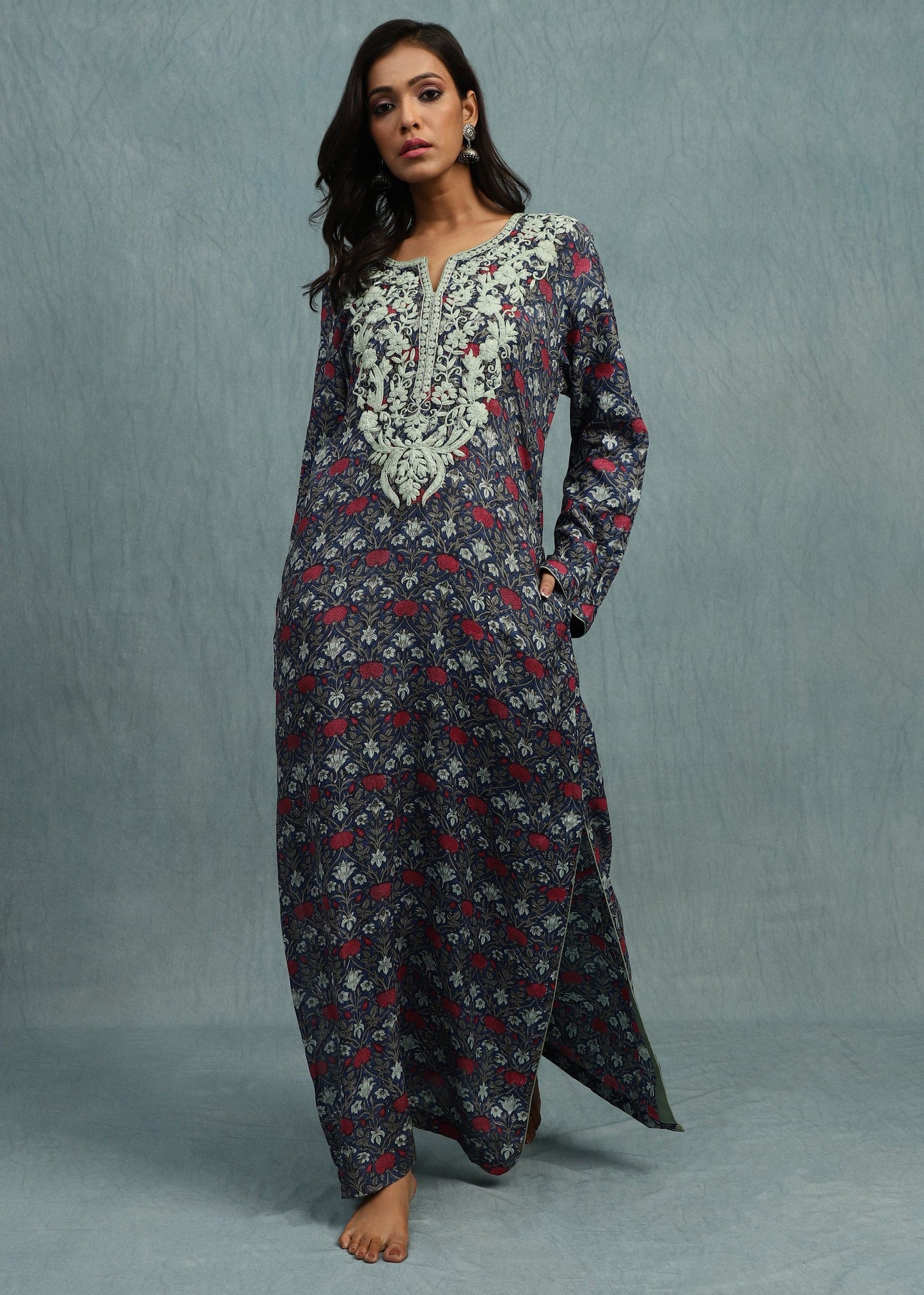 Indigo Marigold Jaal Cotton Silk Hand Block Printed Kaftan