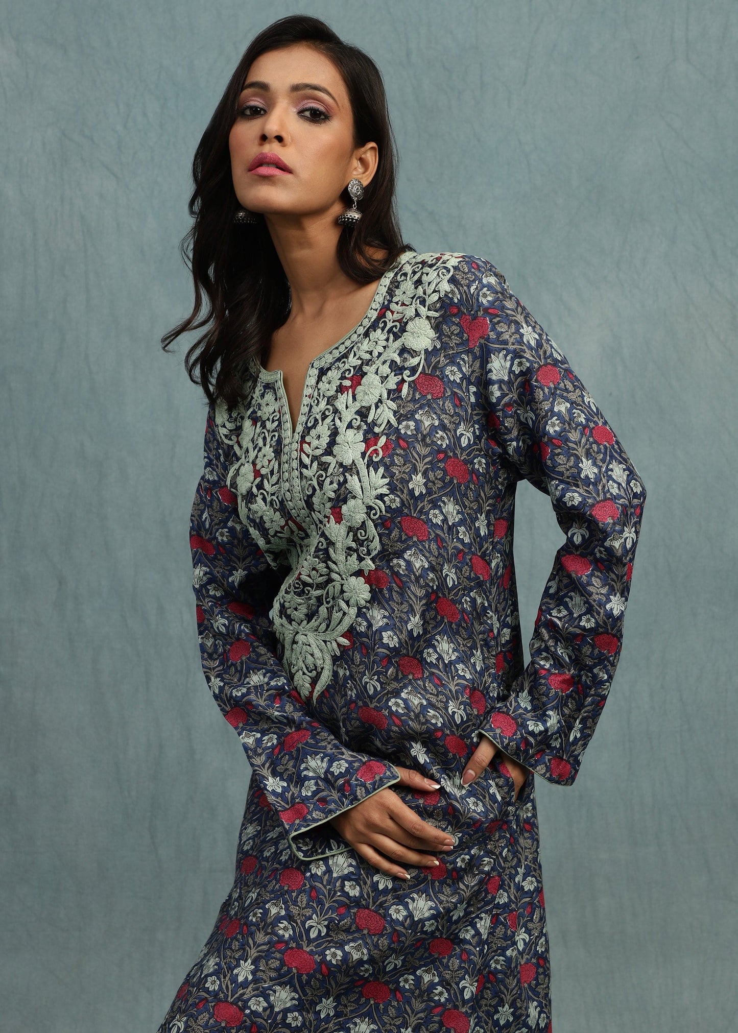 Indigo Marigold Jaal Cotton Silk Hand Block Printed Kaftan