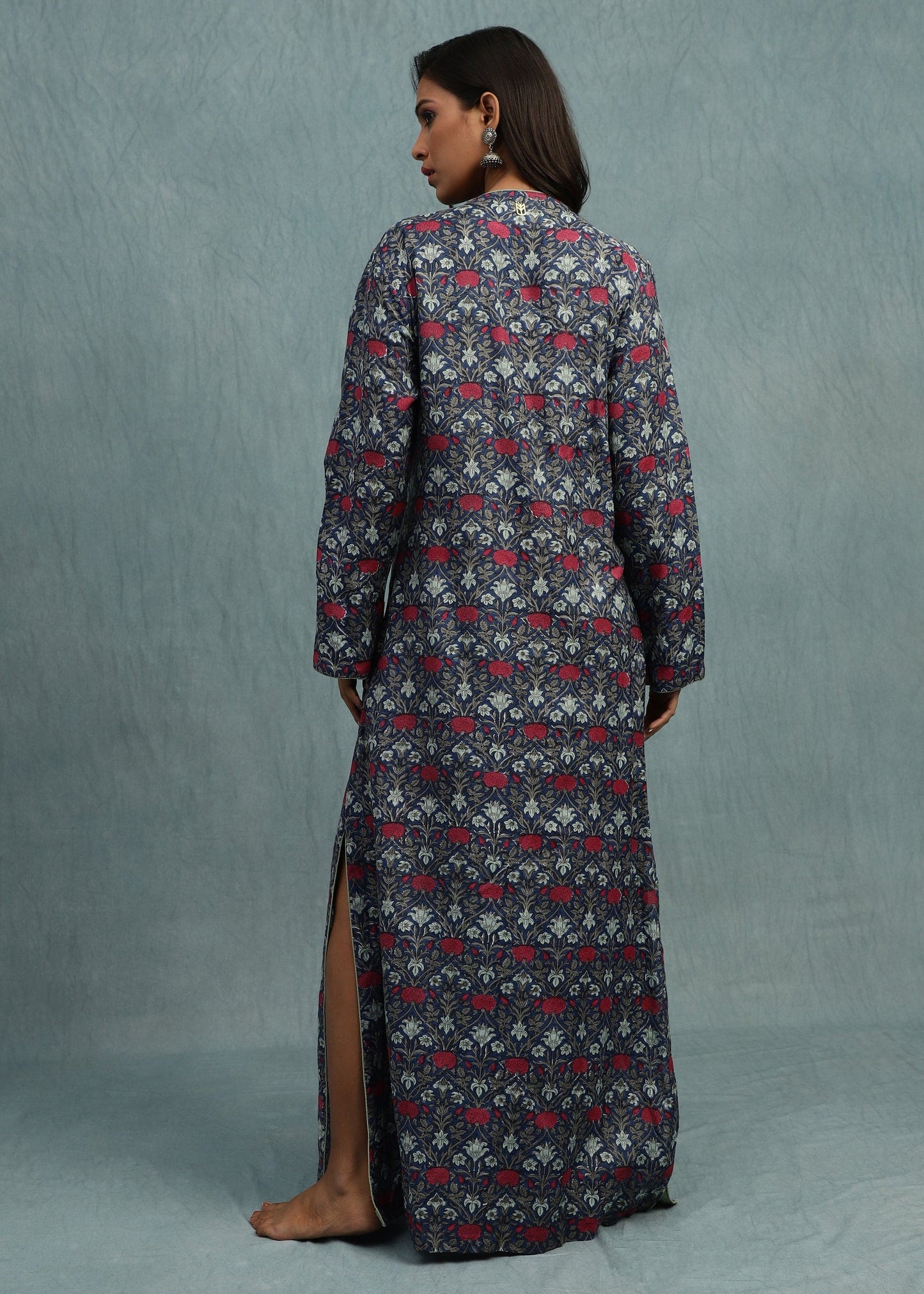 Indigo Marigold Jaal Cotton Silk Hand Block Printed Kaftan