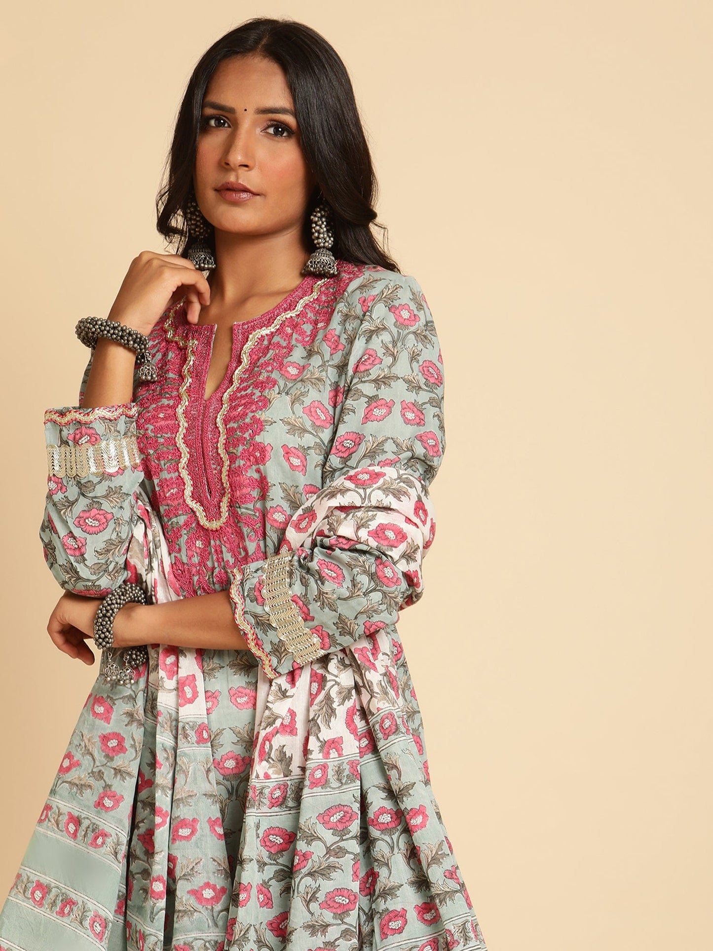 Slate Peony Embroidered Organic Cotton Hand Block Printed Kurta - (3 Pcs Set)