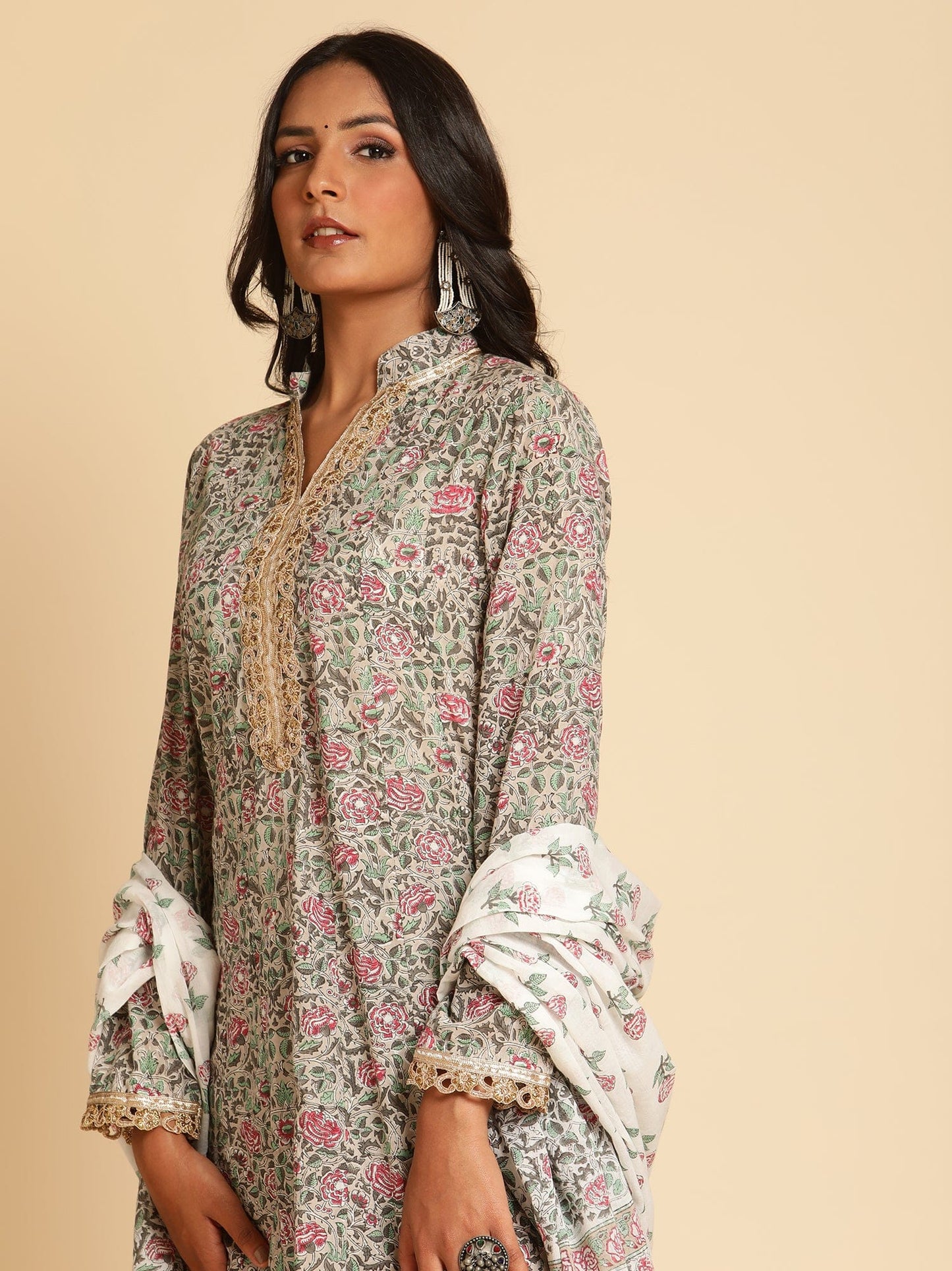 Taupe Rose Jaal Organic Cotton Hand Block Printed Kurta - (3 Pcs Set)