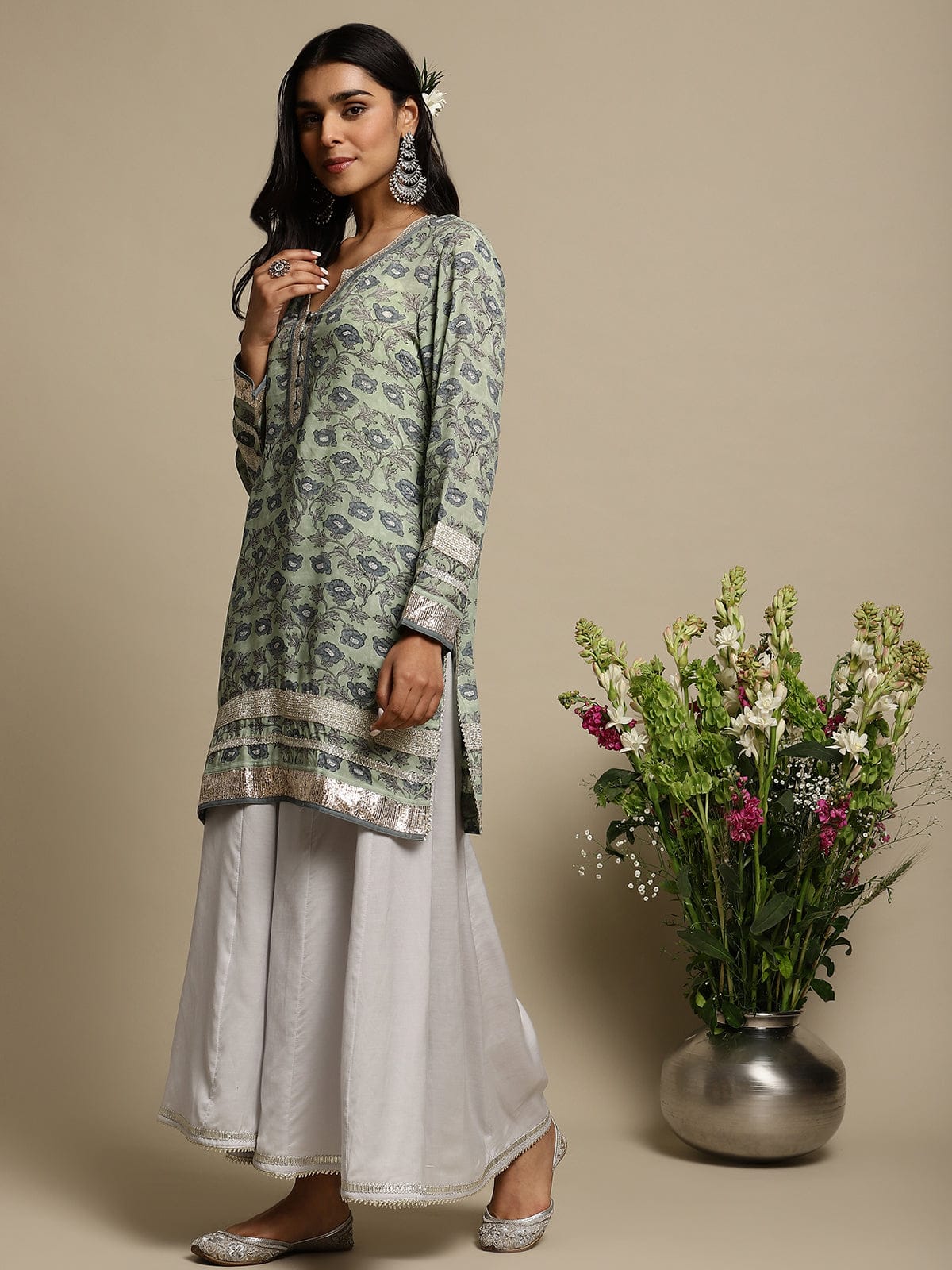 Light Green Peony Cotton Silk Hand Block Printed Sharara- (3 Pcs Set)