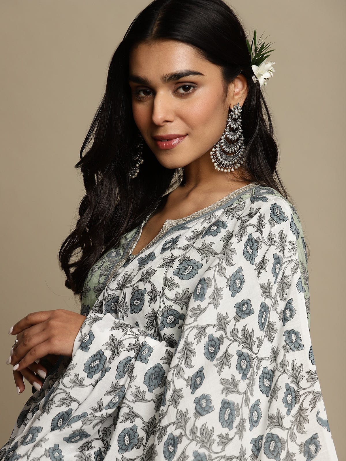 Light Green Peony Cotton Silk Hand Block Printed Sharara- (3 Pcs Set)