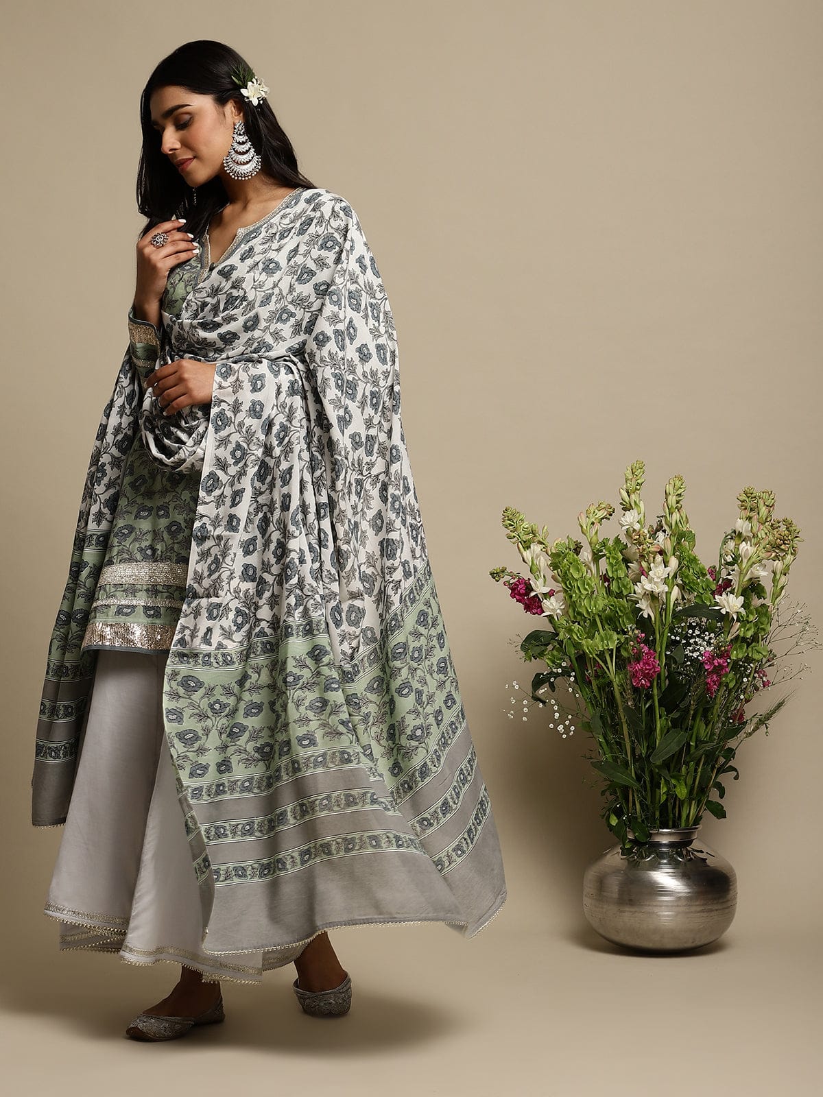 Light Green Peony Cotton Silk Hand Block Printed Sharara- (3 Pcs Set)