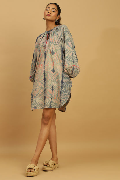 CORAL GREY INDIGO SHIBORI ORGANIC COTTON DRESS