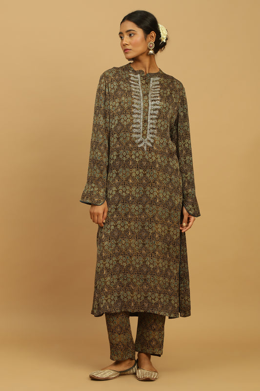 TAUPE JAAL COTTON SILK AJRAKH Tunic Set