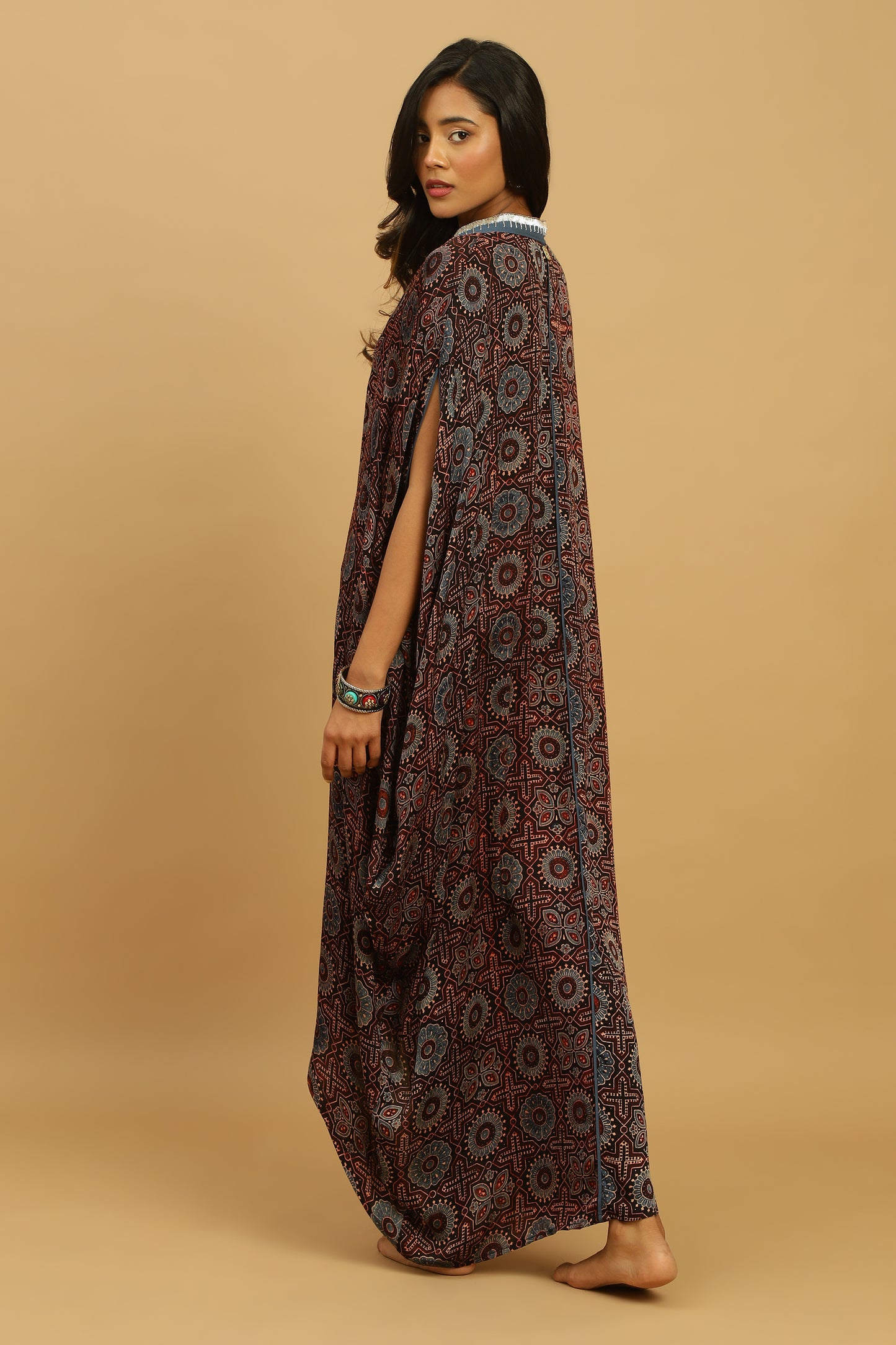 CHOCOLATE PHOOL BLUE COTTON SILK KAFTAN