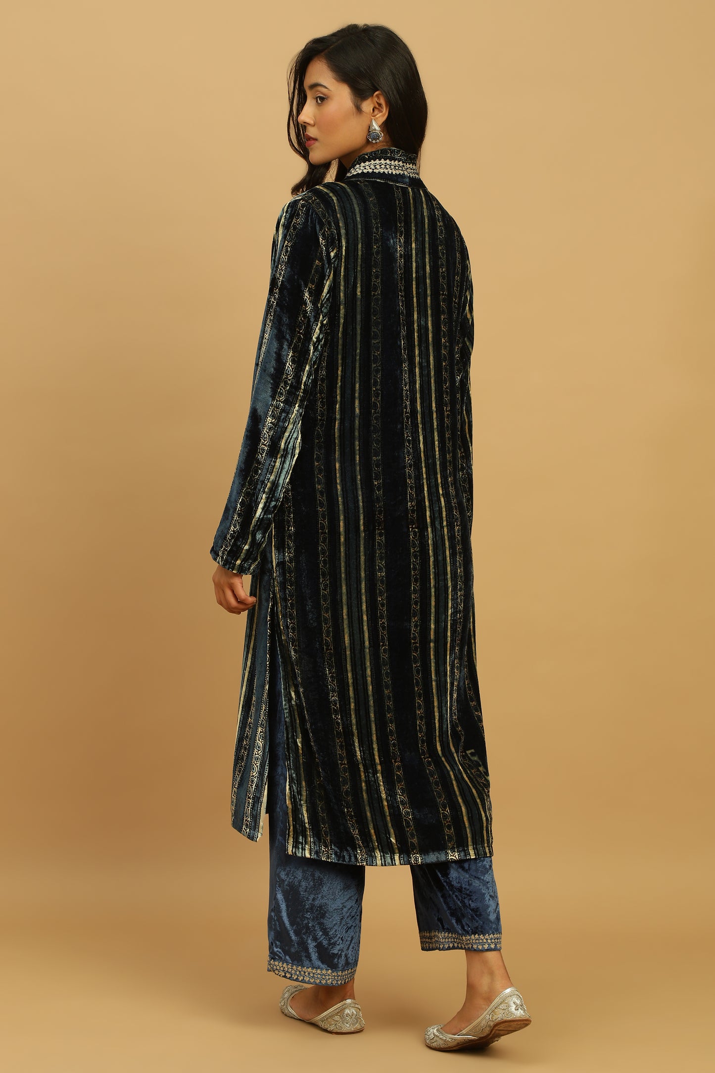 INDIGO PAISLEY STRIPES VELVET AJRAKH JACKET SET (2 pcs)