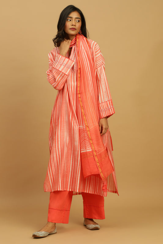 CORAL CHANDERI SHIBORI KURTA SET (3 pcs)