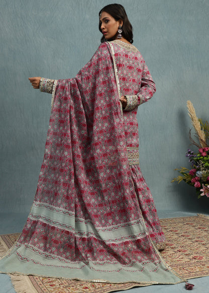 Pink Marigold Jaal Organic Cotton Hand Block Printed Sharara- (3 Pcs Set)
