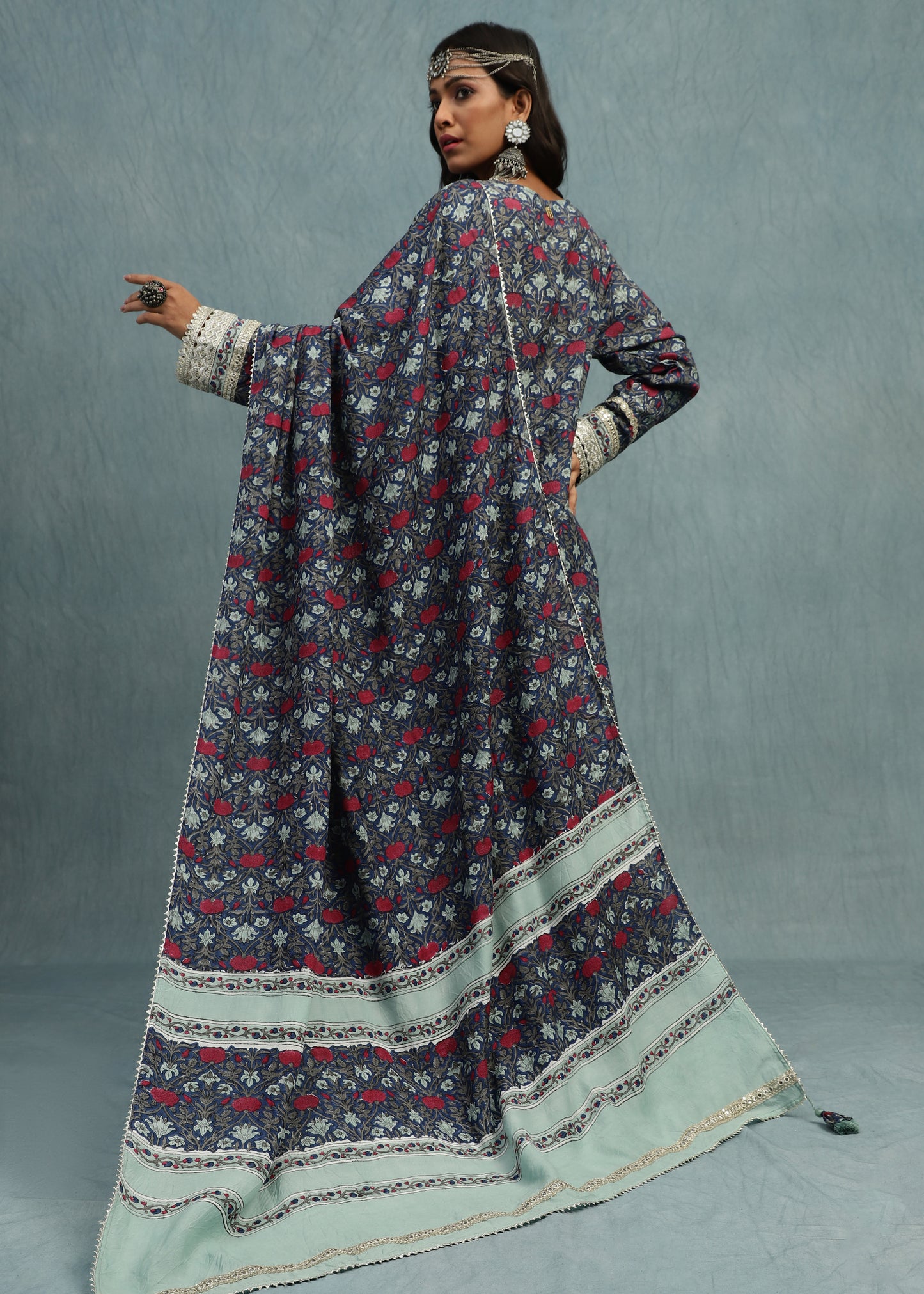Indigo Marigold Jaal Cotton Silk Hand Block Printed Sharara- (3 Pcs Set)