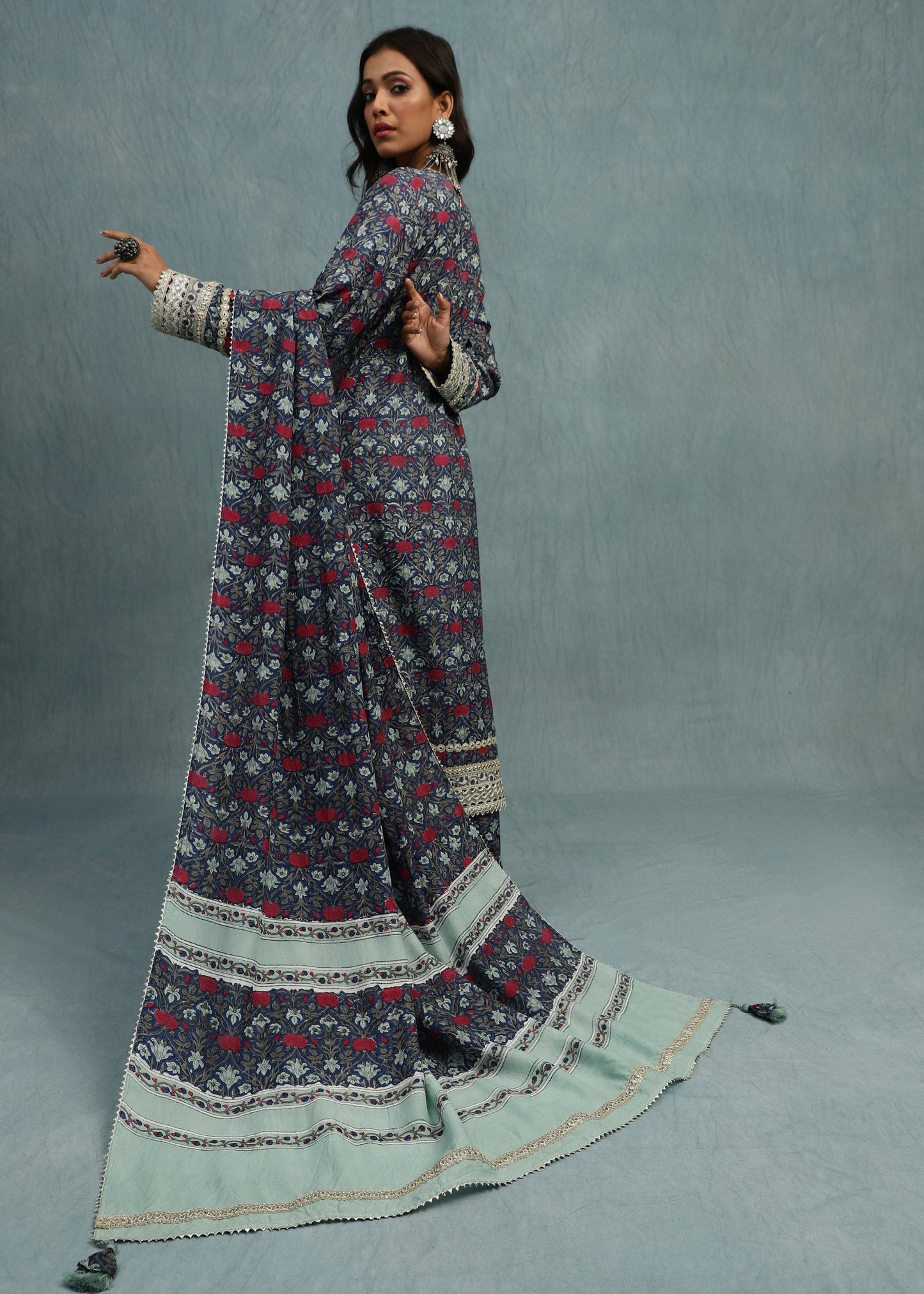 Indigo Marigold Jaal Cotton Silk Hand Block Printed Kurta Set- (3 Pcs Set)
