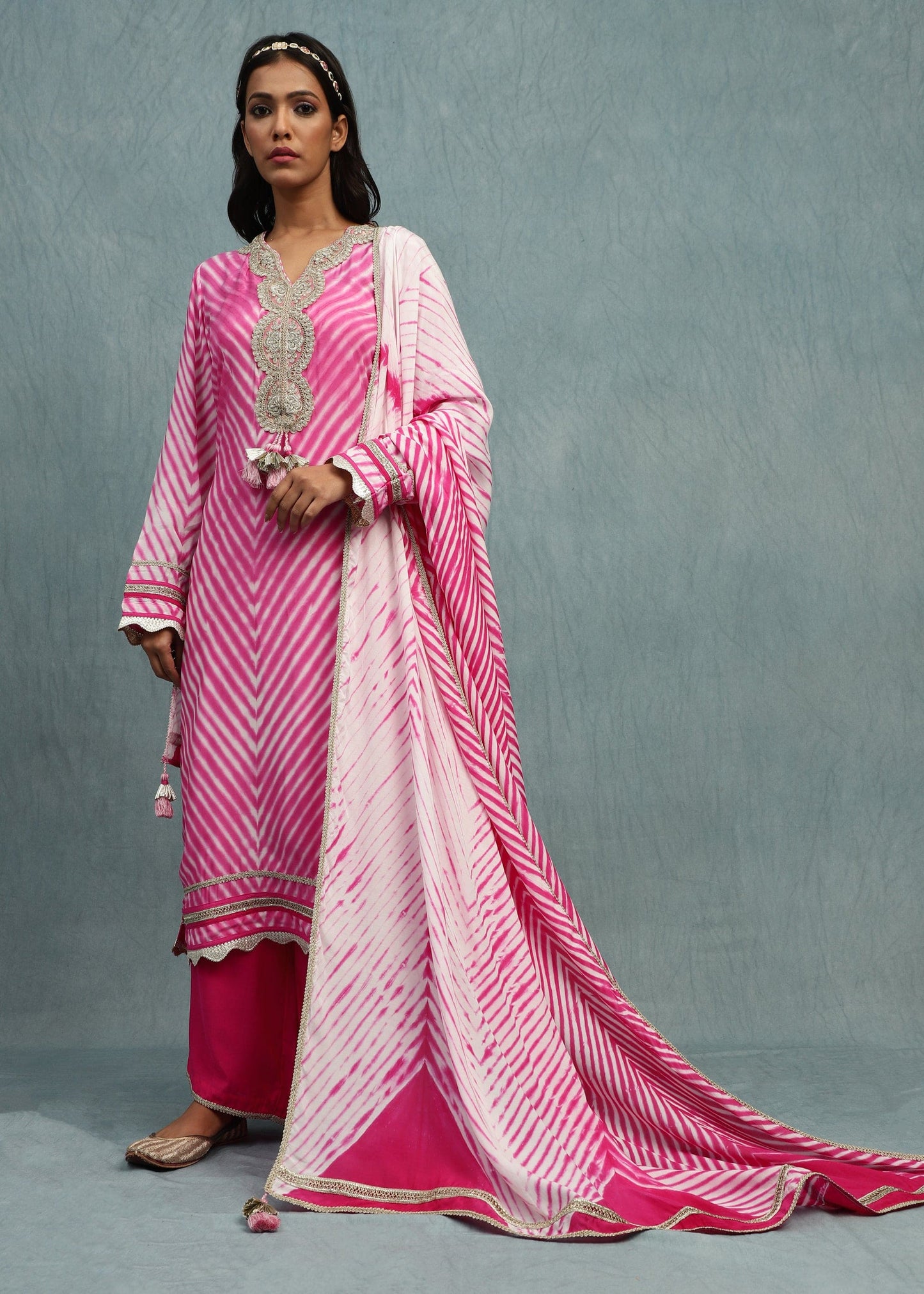 Rani Pink Shibori Cotton Silk Hand Dyed Kurta Set- (3 Pcs Set)