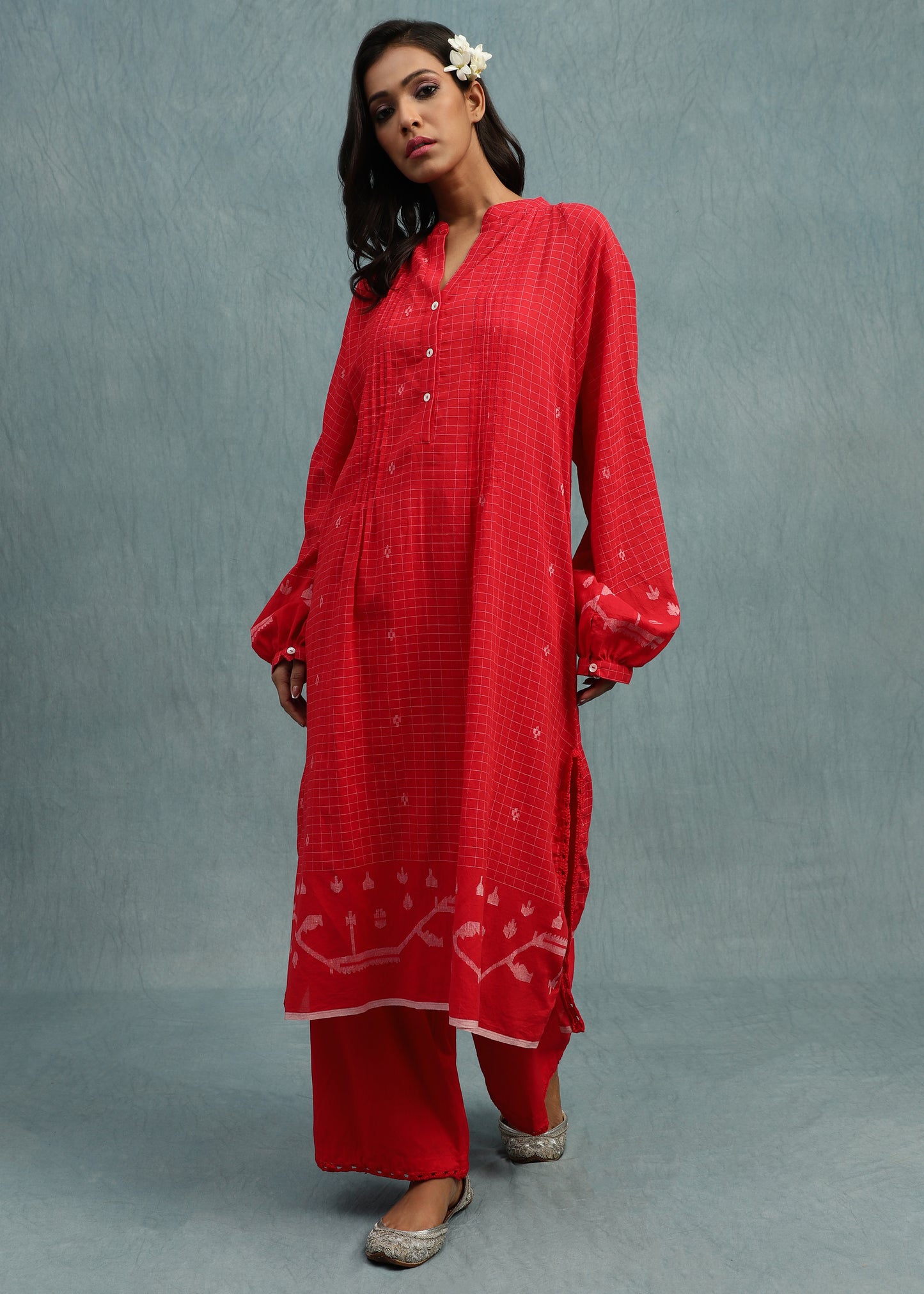 Red Check Jamdani Jaali Border Organic Cotton Hand Woven Tunic Sets - (2 Pcs Set)