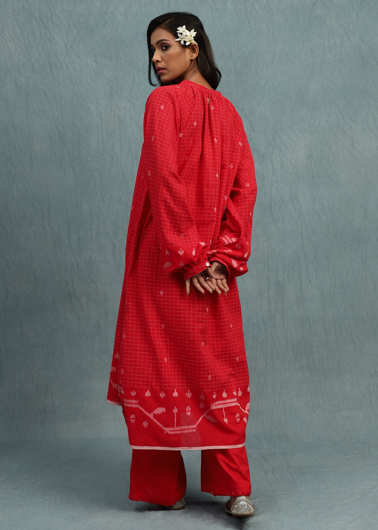 Red Check Jamdani Jaali Border Organic Cotton Hand Woven Tunic Sets - (2 Pcs Set)