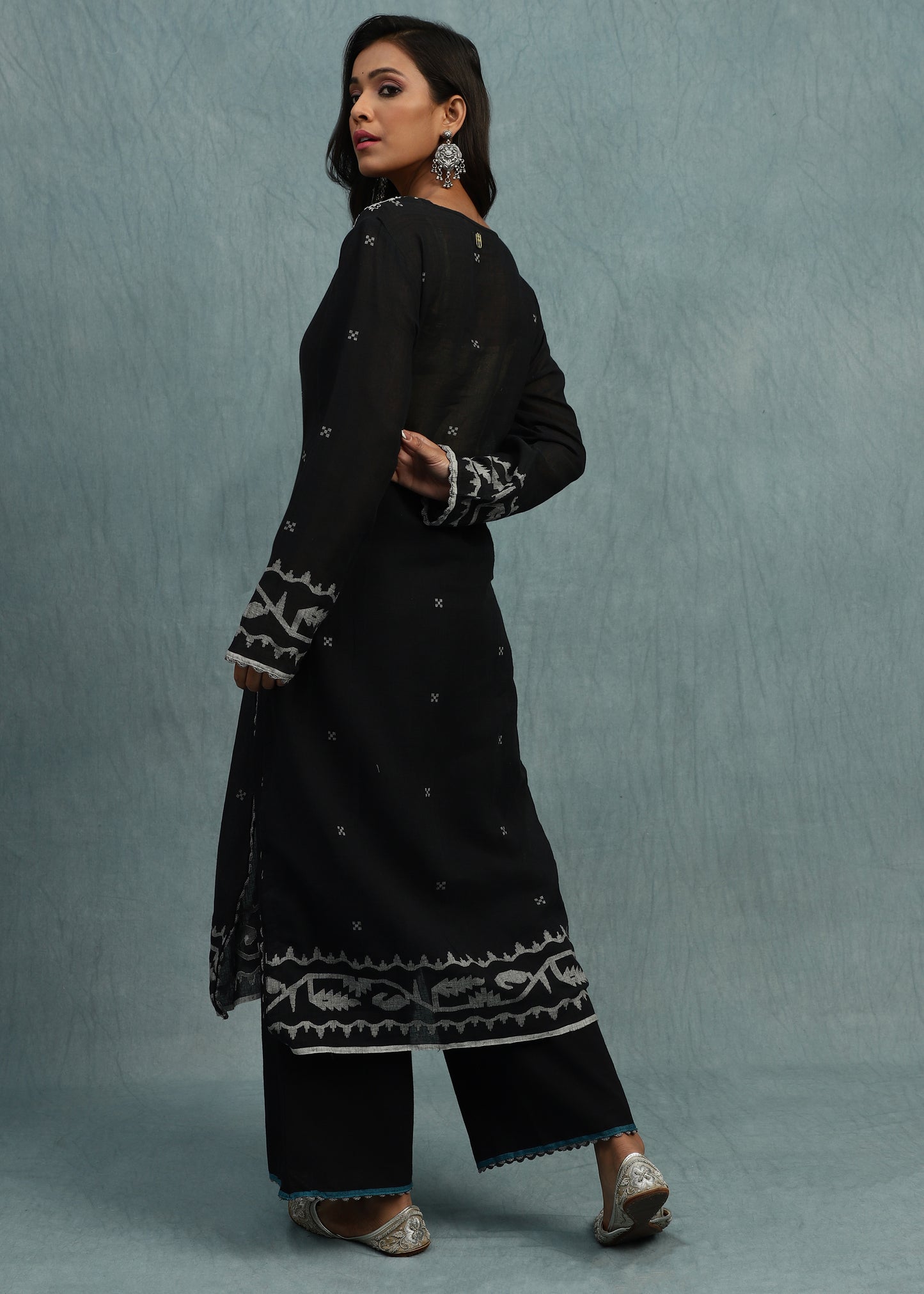 Black Embroidered Jamdani Organic Cotton Hand Woven Tunic Set - (2 Pcs Set)