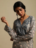 Grey/Brown Block Printed Cotton Silk Embroidered Kaftan