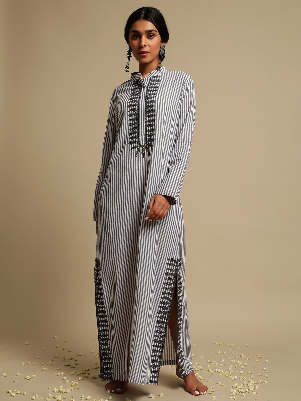 Grey Stripes Woven Cotton Embroidered Kaftan