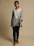 Grey Rose Cotton Silk Hand Block Printed Embroidered Tunic