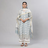 Blue Floral Jaal Organic Cotton 3Pc Kurta Set