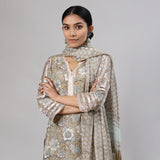 Taupe Floral Bagh Silk 3Pc Kurta Set