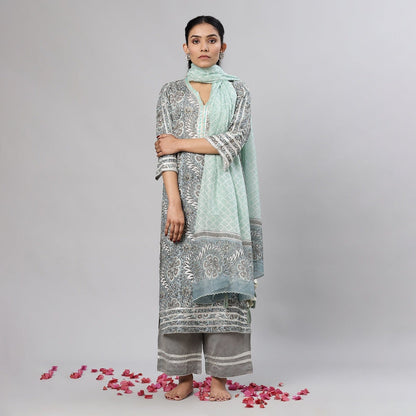 Grey Floral Bagh Silk 3Pc Kurta Set