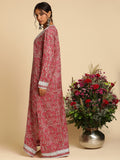 Red Rose Jaal Cotton Silk Hand Block Printed Kaftan