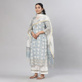 Blue Floral Jaal Organic Cotton 3Pc Kurta Set