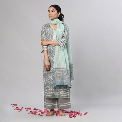 Grey Floral Bagh Silk 3Pc Kurta Set