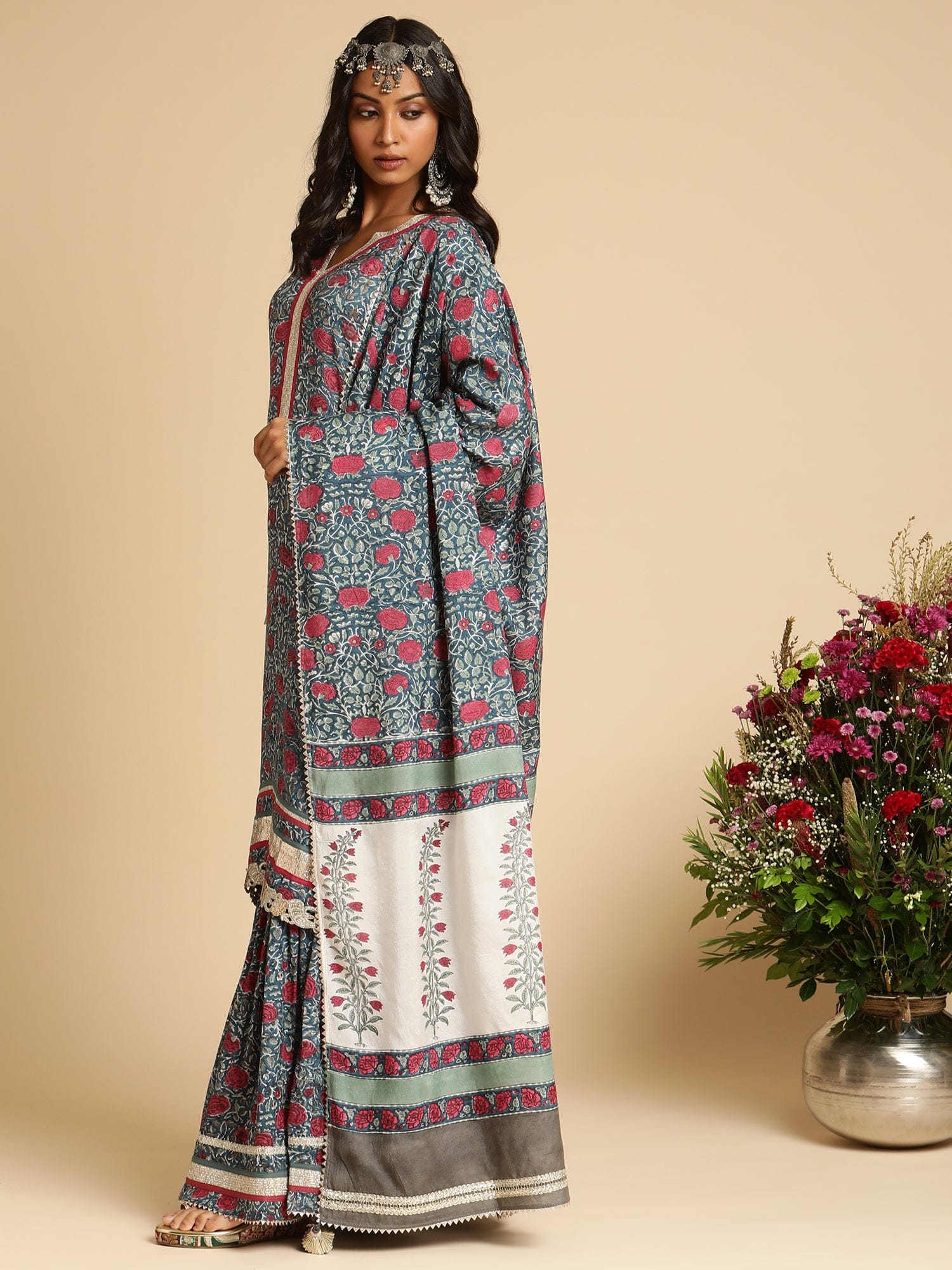 Indigo Blue Rose Jaal Cotton Silk Hand Block Printed Sharara- (3 Pcs Set)
