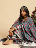 Indigo Blue Rose Jaal Cotton Silk Hand Block Printed Sharara- (3 Pcs Set)